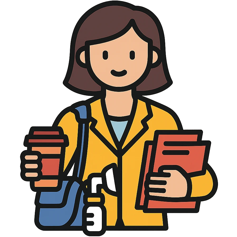 working mum with a breast pump bag, coffee cup, and files emoji
