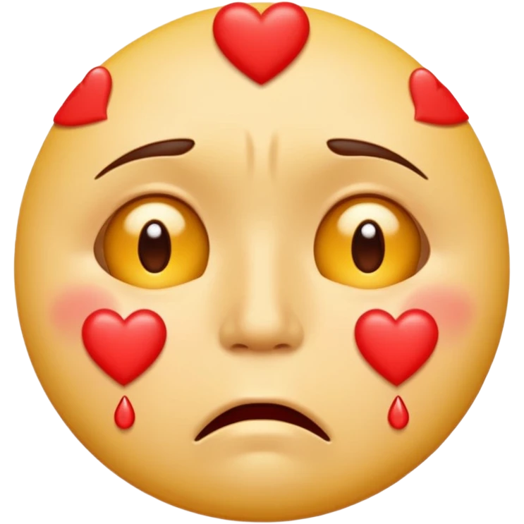 A yellow circular frowning face that is crying tears from its eyes, with a dozen hearts floating from top to bottom in front of it emoji
