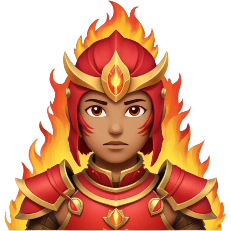 desert fire warrior portrait, head and shoulders only, red-gold armor collar, glowing fire accents, powerful gaze, fantasy desert vibe, 3D cartoon, mobile game icon style, clean background, no text, no watermark
 emoji