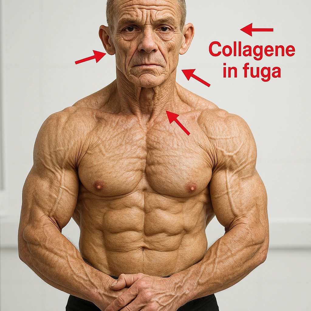 hyper realistic 25 year old bodybuilder with low collagen, aged appearance, defined muscles, skin with deep expression lines, red arrows and text 'Collagene in fuga', clinical atmosphere, white background emoji