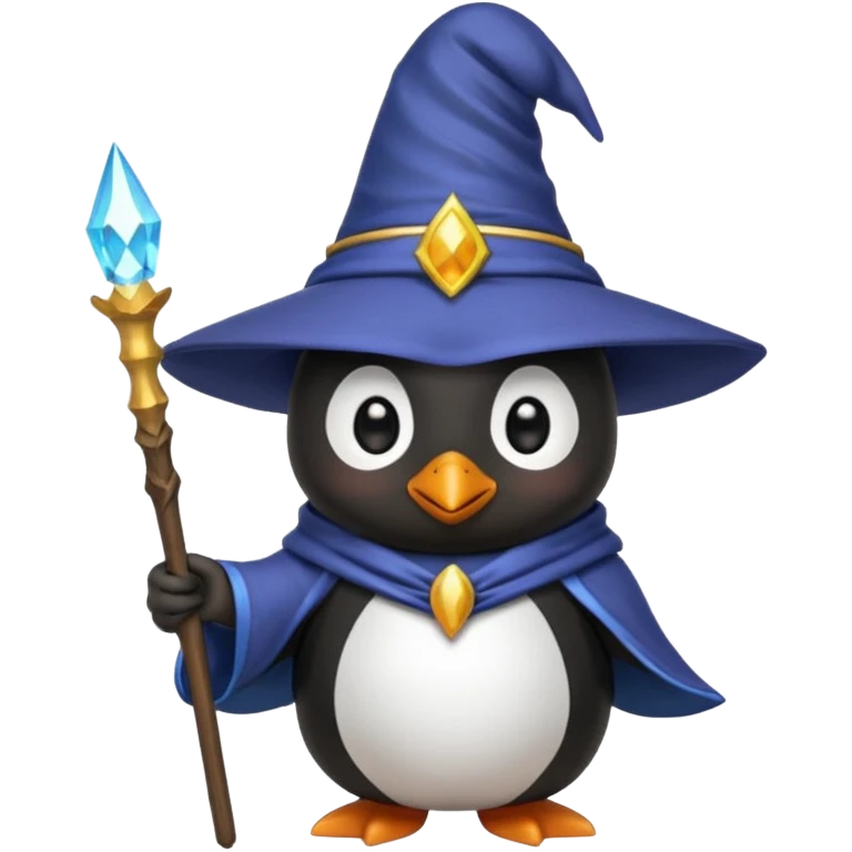 penguin dressed as a wizard with a pointy hat and a magic staff, cute emoji style emoji