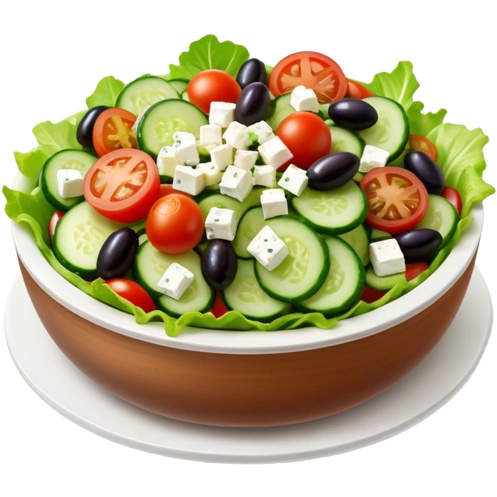 Cinematic Realistic Greek Salad Dish Emoji, depicted with crisp lettuce, tomatoes, cucumbers, olives, and feta cheese rendered with vibrant textures and fresh, natural lighting. emoji