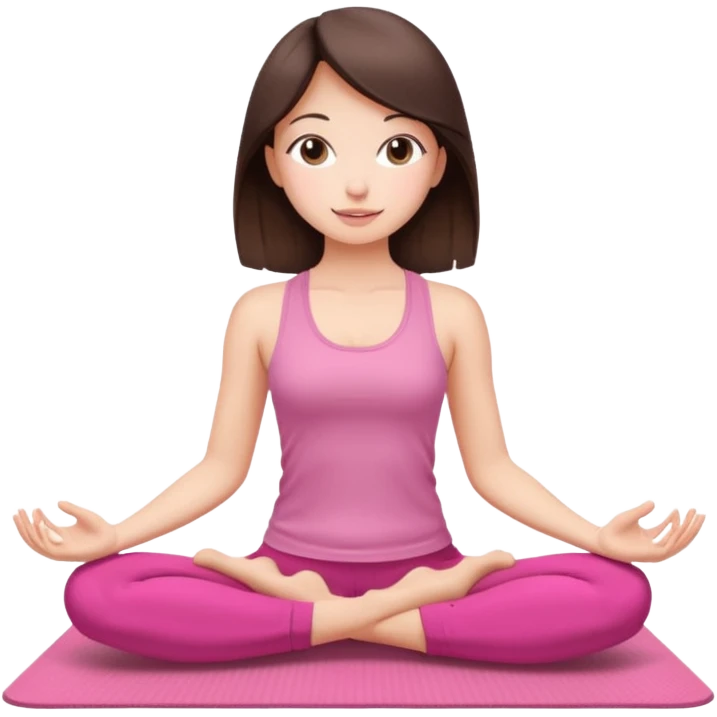 Brunette mid straught hair girl. Slim. Doing loto yoga pose on a Pink set and a Pink mat emoji