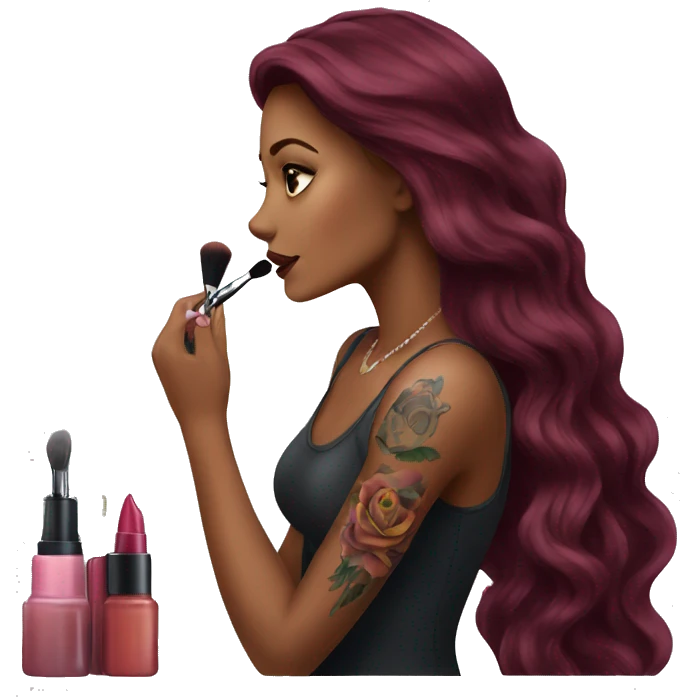 Beautiful tattooed burgundy long haired woman doing her makeup emoji