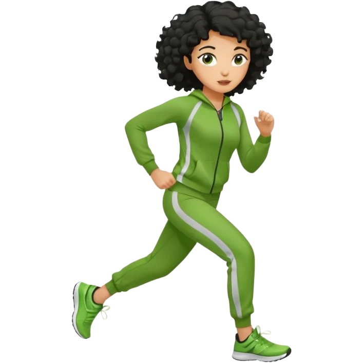 a woman with olive skin tone and curly black hair wearing green and jogging emoji