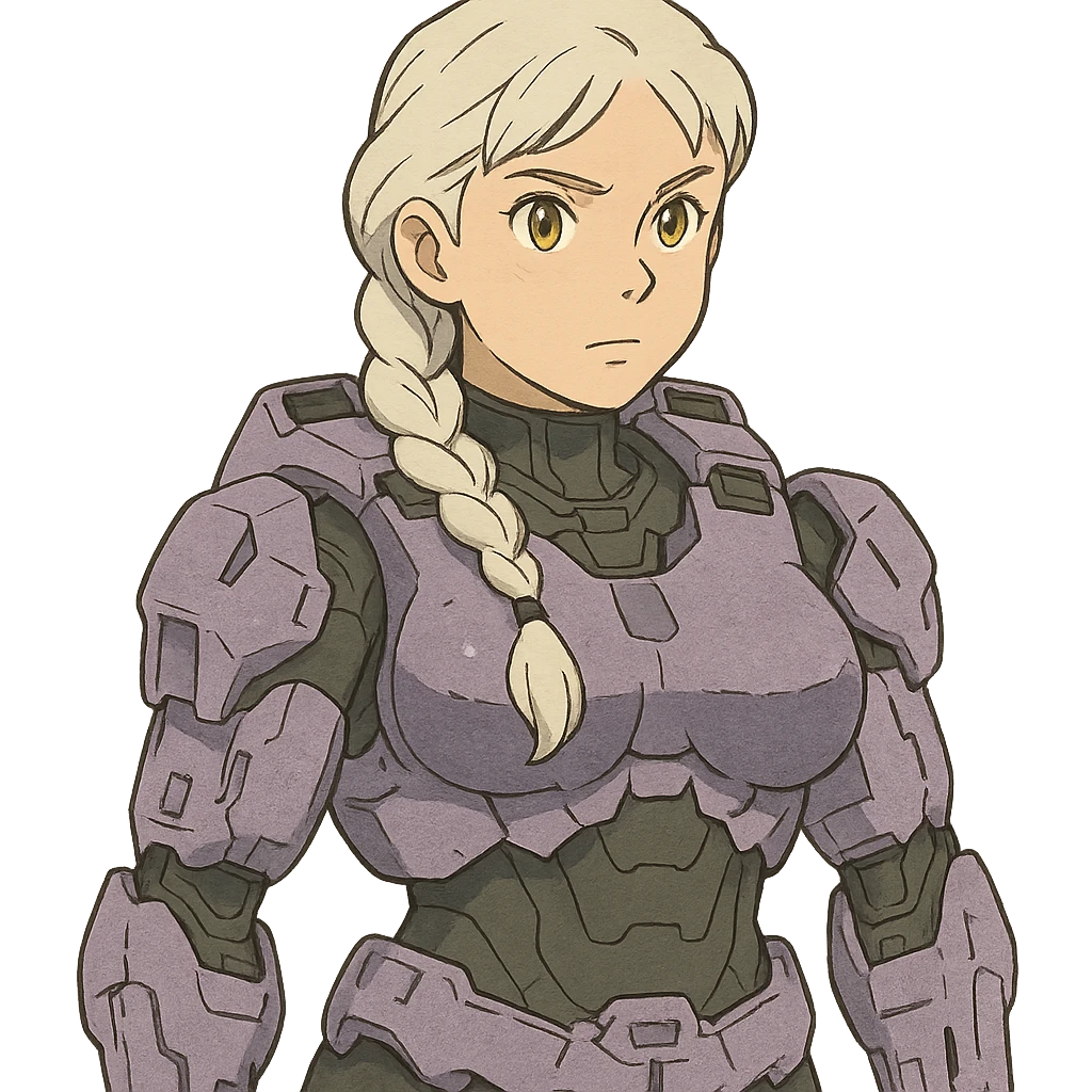 female, wearing reach spartan armor default, long white braid hair, gold yellow eyes, attention pose, halo series, no helmet, the armor is lavender color scheme and has no shoulder pad attachments. DDD bust size fitting emoji