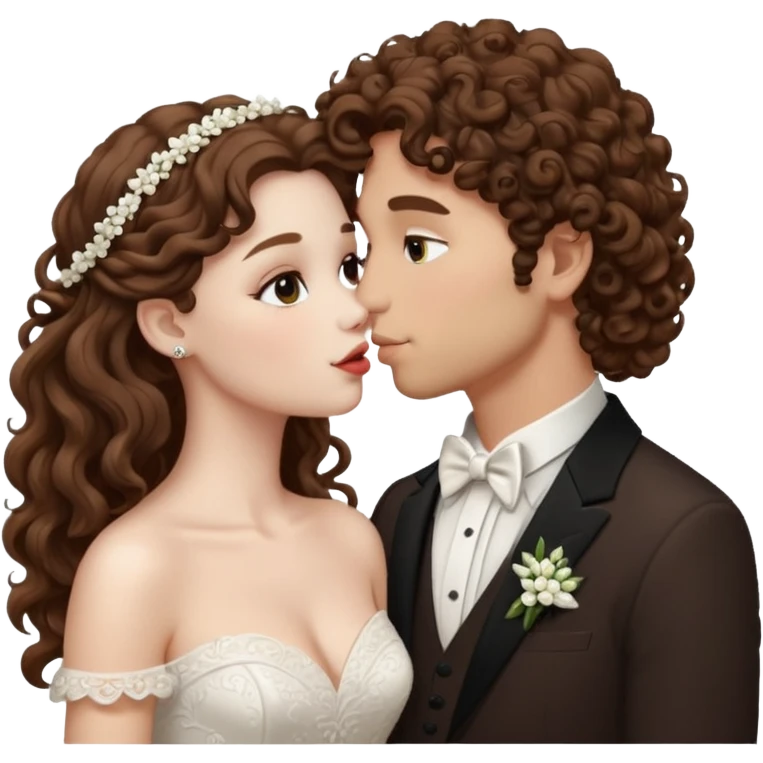 Couple kissing, the man would be white-skinned, curly-haired, brown. The serious woman with white skin, long hair and brown color  emoji