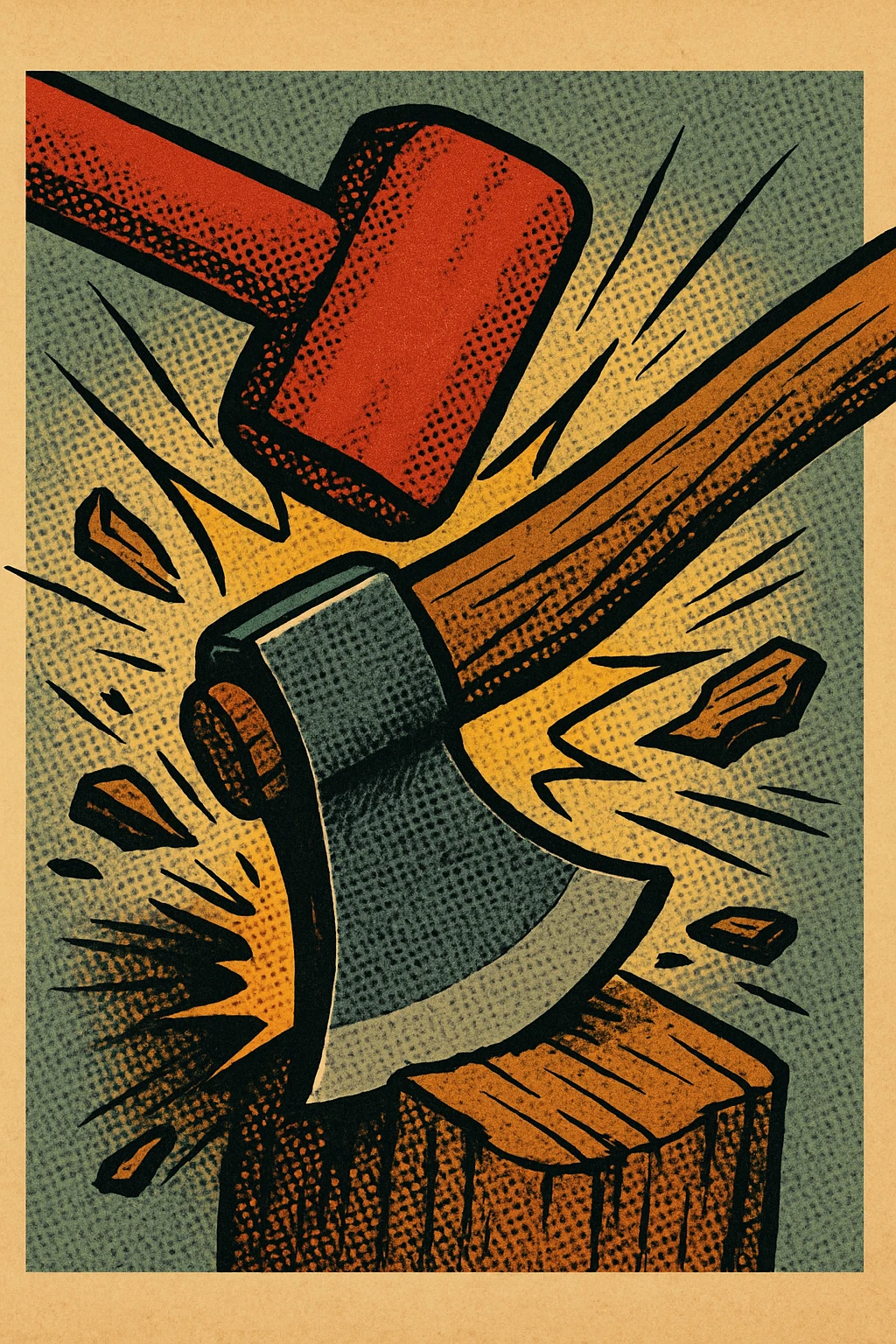a mallet or hammer slamming into an axe, dynamic impact, flying wood chips, cartoon style emoji