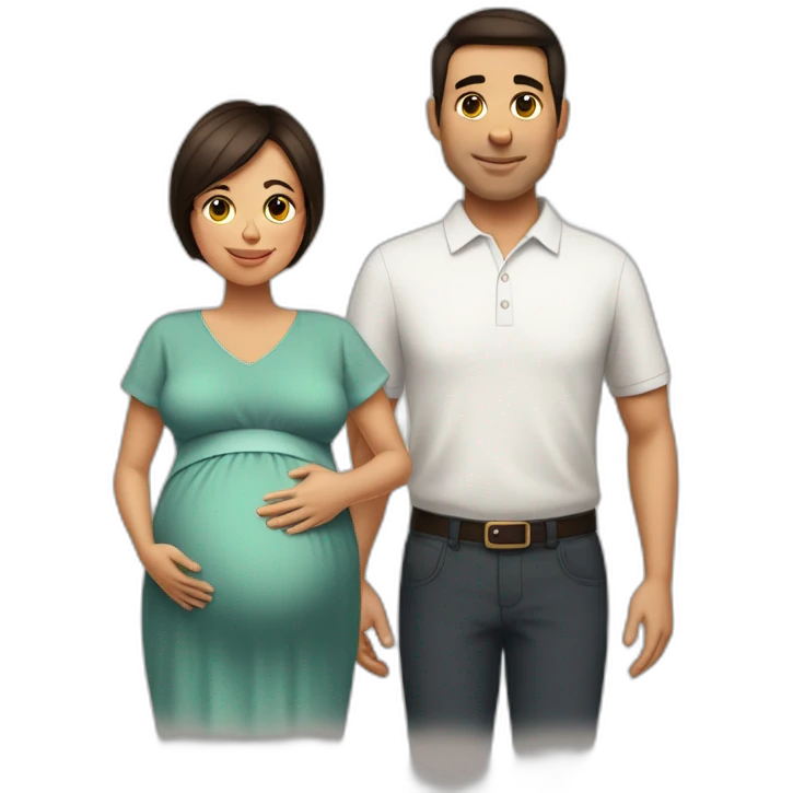 Pregnant dark brown haircut wife and clean-shaven latin husband emoji