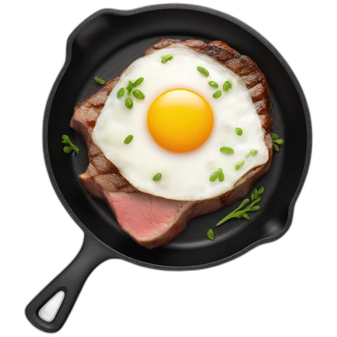 steak and egg frying in black frying pan emoji
