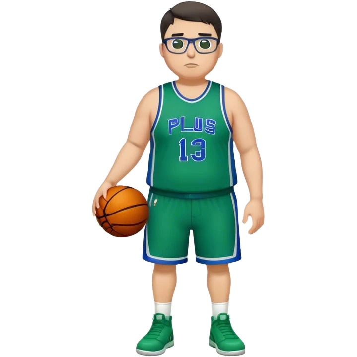Full Body plus size white male with dark short hair basketball player wearing glasses wearing blue green uniform emoji