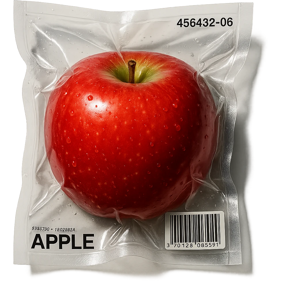 vacuum-sealed apple, glossy and compressed emoji