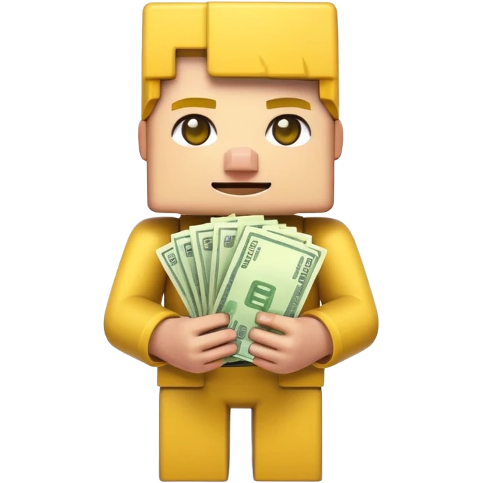 emoji style icon, minecraft blocky character holding a stack of money, pixel art style, bright colors, simple background, 3D glossy emoji, centered composition, soft shadow, high detail, clean outline, white background emoji