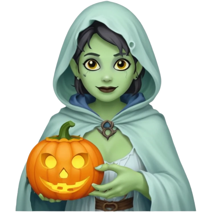 female orc ghost emoji, green skin, tusks, gentle smile, wearing flowing white ghost cloak with black eye holes, holding pumpkin lantern, faint glowing blue mist, Halloween fantasy, smooth Apple emoji style, white background, square emoji