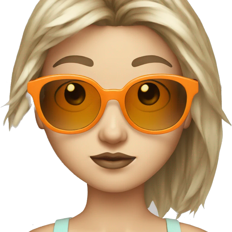 White girl with micro bangs and messy hair wearing orange sunglasses emoji