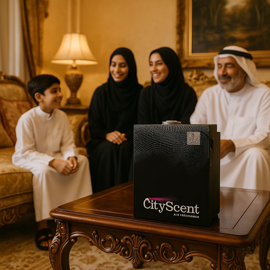 Show the CityScent air freshener machine on a table in a lavishly decorated home interior. A family in traditional Arabic clothing is present, looking comfortable and happy, enjoying the scent. The style is realistic and luxurious. emoji