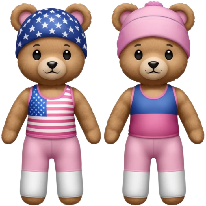 osito de peluche cafe claro con ropita rosa claro y estapado de la bandera de usa y otro con una liga de pilates en la cabeza y con ropa deportiva emoji