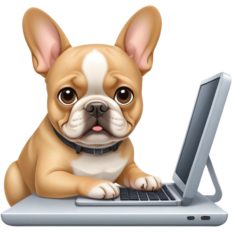 Tan french bulldog working behind computer emoji