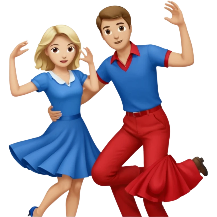 Two people. Man wearing all  RED with brown hair. Women  ALL blue with blond hair. Swing Dancing.  emoji