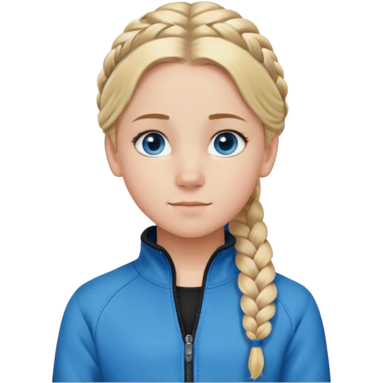 13 year old girl, blond hair in french braid, blue zip up jacket and black flear reand. blue eyes emoji