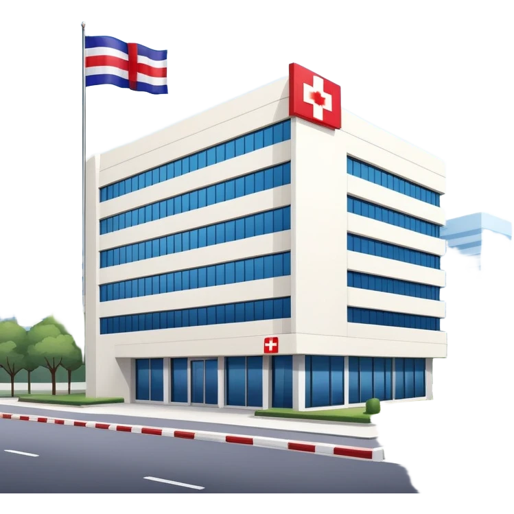 Hospital building with Thai flag waving, red cross medical symbol, Thailand flag with red white blue stripes emoji