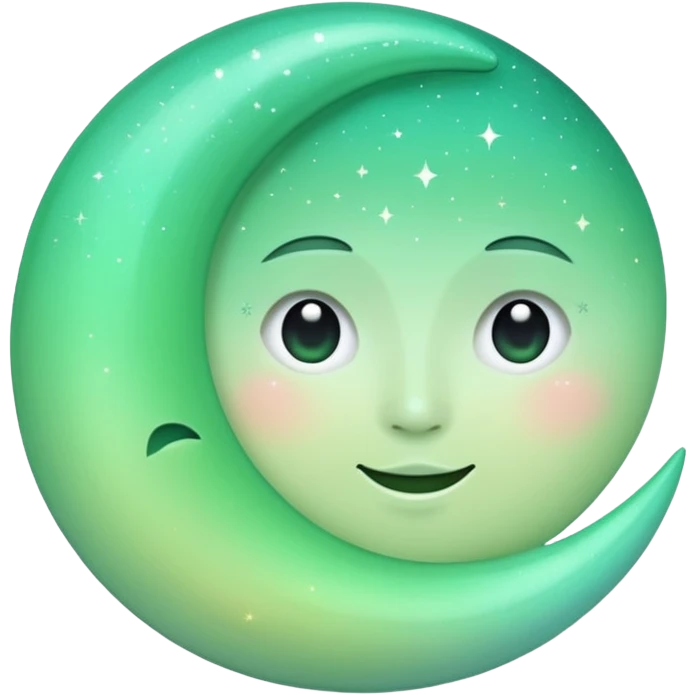 sparkly glossy pastel green-gradient crescent moon with a subtle face emoji