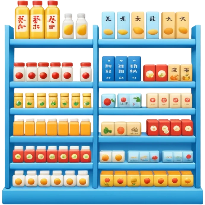 "Minimalist Japanese shelf display, identical products placed directly behind one another (same items stocked in depth), different product types arranged side by side, clean spacing, precise symmetry, soft neutral lighting, front-facing packages, ultra-detailed." emoji