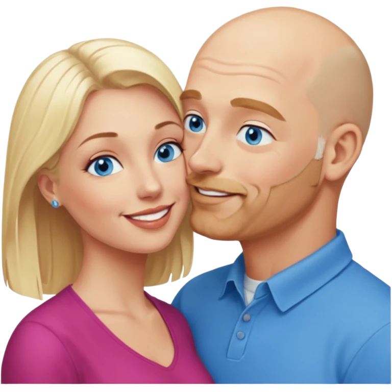 middle age bald man with salt and blonde scruff, blue eyes a.  Kissing blonde woman with blue eyes emoji