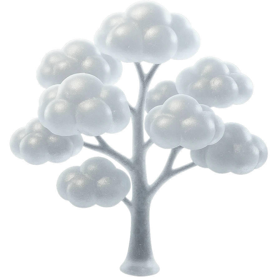 one tree with many branches and a white trunk, crown made of small very bright white fluffy convex clouds, matte glass style emoji