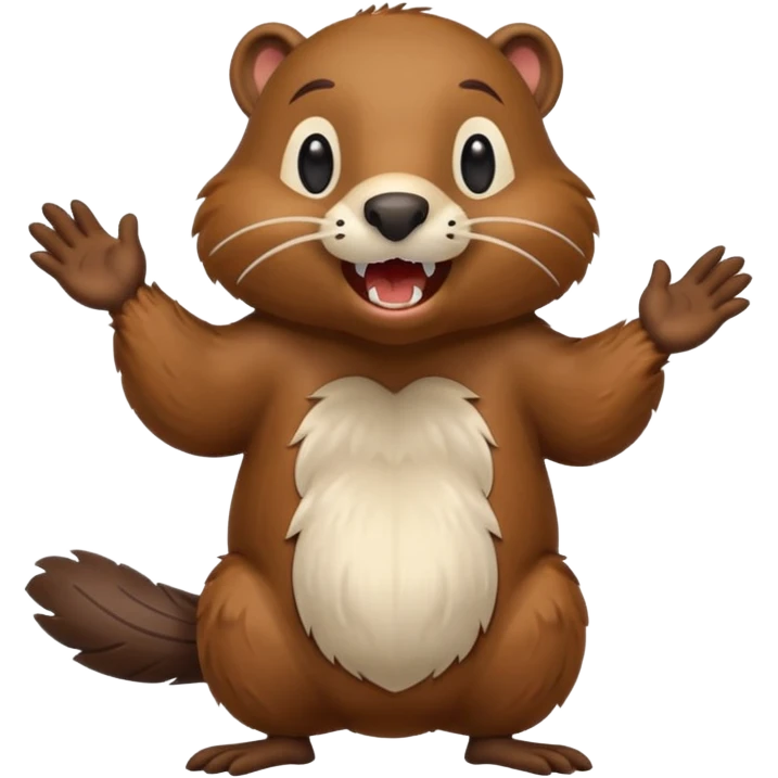 A crazy beaver is standing on its hind legs with its front paws stretched out in front of it. It has a brown fur coat with white fur around its eyes and nose. mouth is open, revealing sharp teeth. More craziness emoji