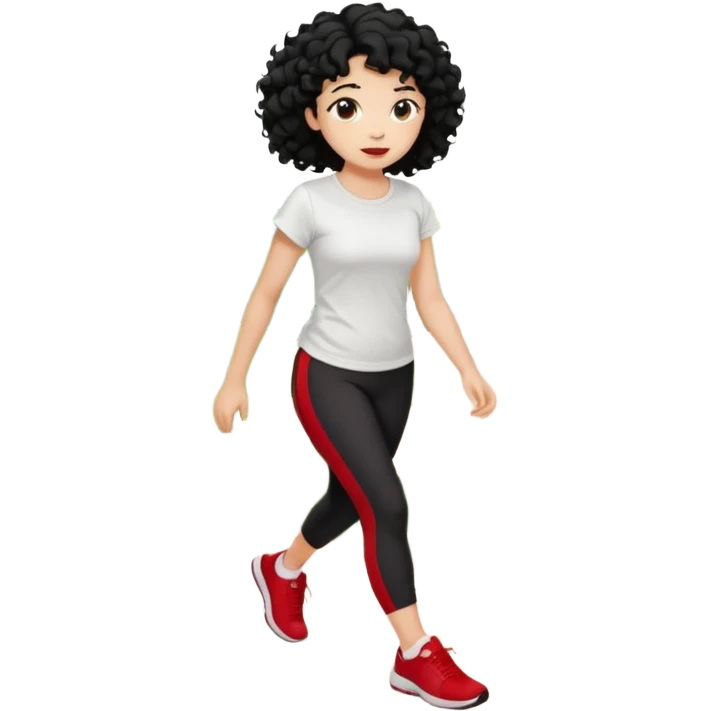 generate a pretty bratz fair skinned girl with curly black hair wearing a white tshirt trekking on a hill road with red sneakers on and black leggings.  Put a hill behind her emoji