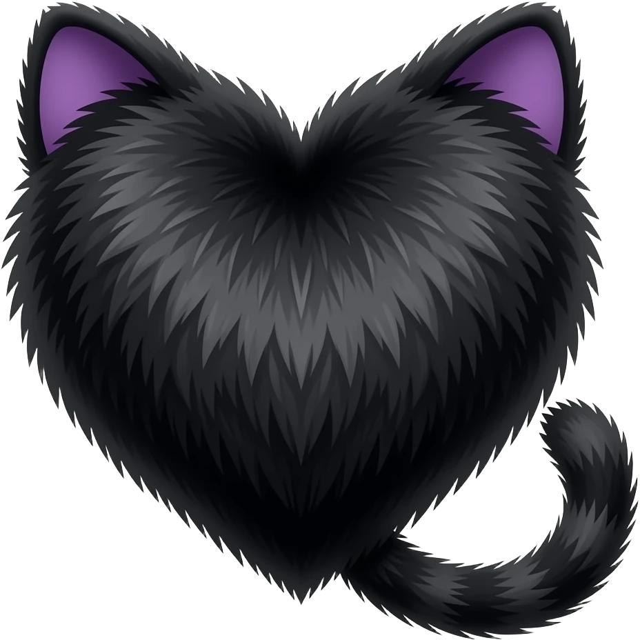 purple black cat ears, black cat tail, black fur heart, no cat, just a heart with cat ears emoji