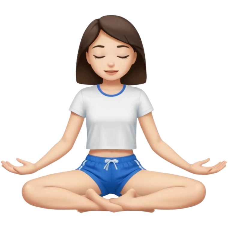 brunette girl with closed eyes in blue shorts and a white t-shirt sits on the splits emoji