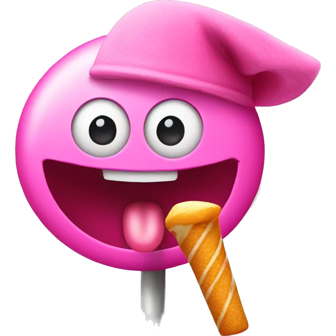 A silly face with a pink hat eating a lollipop  emoji