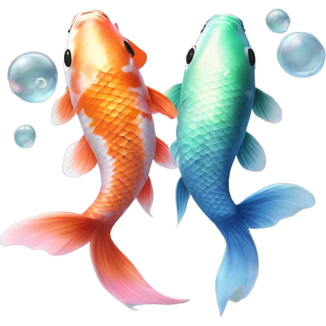  Two realistic koi fish, one green & blue, the other pink & white, swimming in opposite directions, ying yang, Pisces fish, cloudy, water, dreamy, bubbles, iridescent emoji
