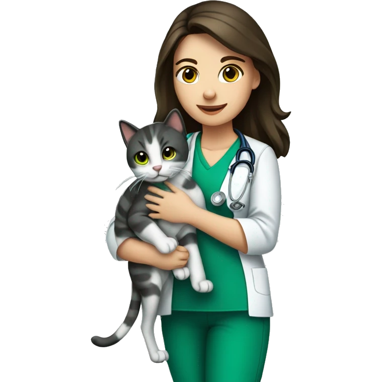 Pretty Brunette veterinary nurse. green scrubs holding a cat emoji