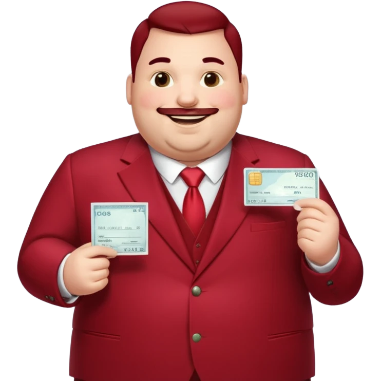 huge fat guy bold head in dark red velvet suit holding cheque emoji