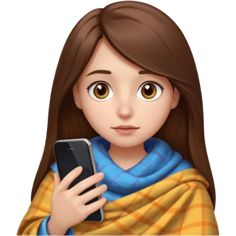 создай девушку с телефоном в руках (айфон) в стиле Emoji  iOS. 
У девушки длинные коричневые волосы, карие глаза, она сама светлая кожа, без макияжа, у неё большие глаза, нос с малекой горбмнкой и немного пухлые губы, над верхней губой родинка, сидидит укутавшись в плед emoji