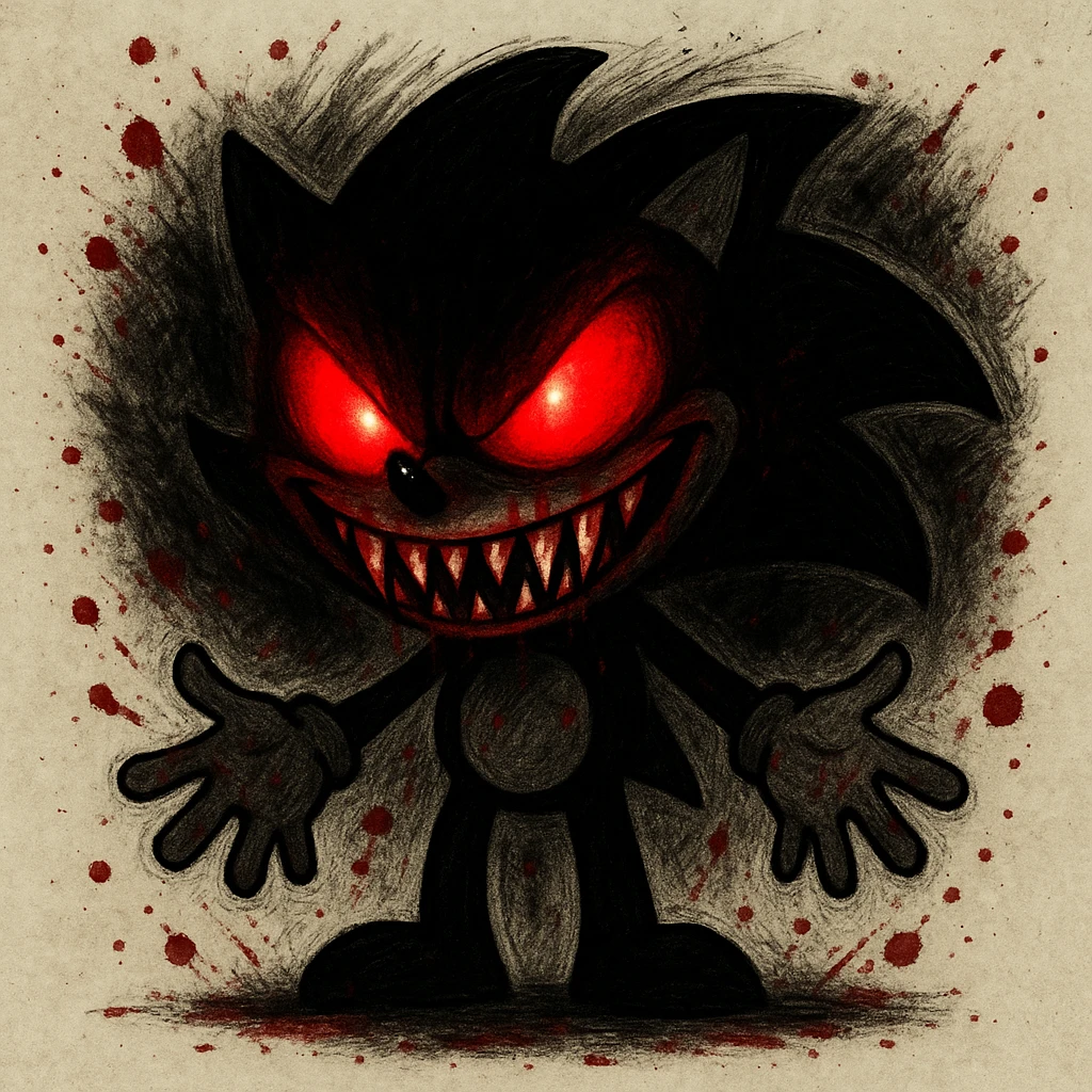 Make Sonic.exe even scarier by intensifying the red glowing eyes, adding sharp fangs, a more sinister smile, a shadowy dark aura, and subtle blood splatters. Keep the hand-drawn doodle style in mind for the edits. emoji