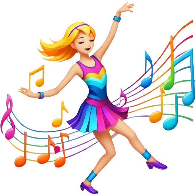 An icon showing vibrant musical notes and rhythm bars, inspired by Muse Dash. The design features colorful, dynamic elements flowing in sync with the beat, with a character dancing in the background. Bright, energetic visuals emphasize the excitement of rhythm-based gameplay. Transparent background. emoji