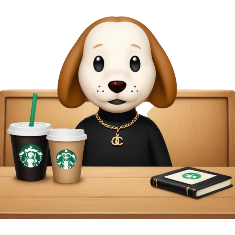 snoopy in a desk with starbucks and his chanel purse emoji