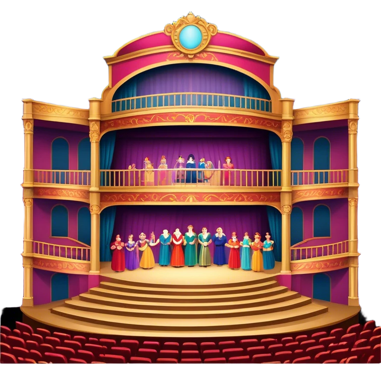 An icon showing a grand theater stage with actors performing in a vibrant play, surrounded by dramatic lighting. The audience watches from colorful balconies, adding to the lively atmosphere. The design captures the magic of live theater, set against a transparent background. emoji