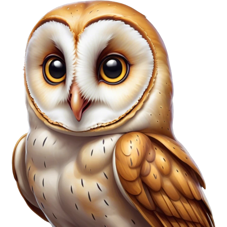 Cinematic Comical Barn Owl Portrait Emoji, Head tilted dramatically with an exaggeratedly amused expression, featuring a striking mottled plumage with bold contrasts, wide, expressive amber eyes filled with playful disbelief, Simplified yet hilariously expressive features, highly detailed, glowing with a slightly sassy glow, high shine, dramatic yet playful, stylized with an air of cheeky nocturnal mischief, bright and endearing, soft glowing outline, capturing the essence of a spirited and over-the-top owl, so meme-worthy it feels like it could hoot its way into internet fame instantly! emoji