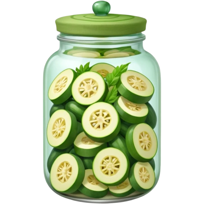 A homemade-style jar with sliced zucchini and herbs under a cloth cap.









 emoji