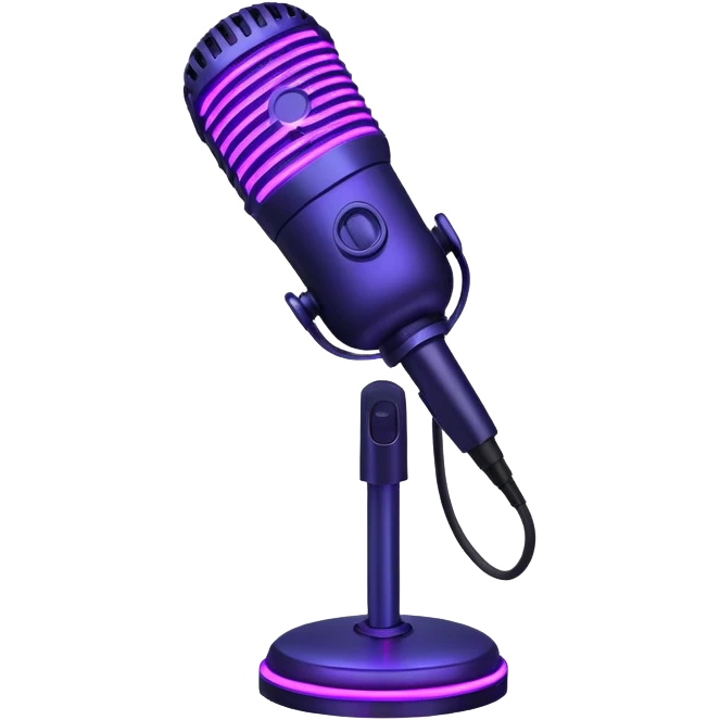 desktop studio microphone with neon glow effect, blue and purple neon glow on top left, pink neon glow on bottom right emoji