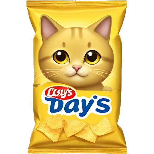 Beige-gray cute cat with big sparkling eyes sitting inside a yellow Lay's chips packet emoji