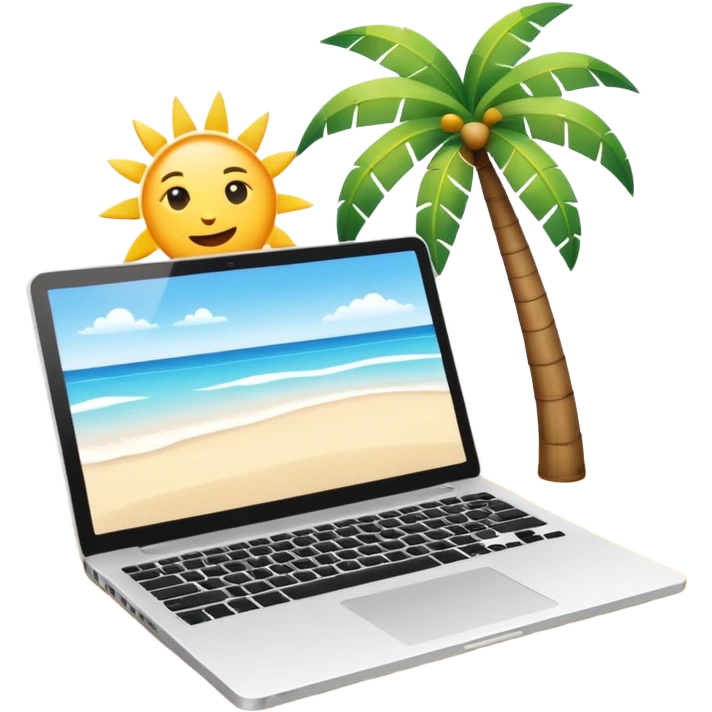 A minimalist emoji-style icon representing workation: An open laptop in the foreground on the beach. Background shows sea, sun, and a palm tree. No people, no text, clean and simple design like an emoji. emoji