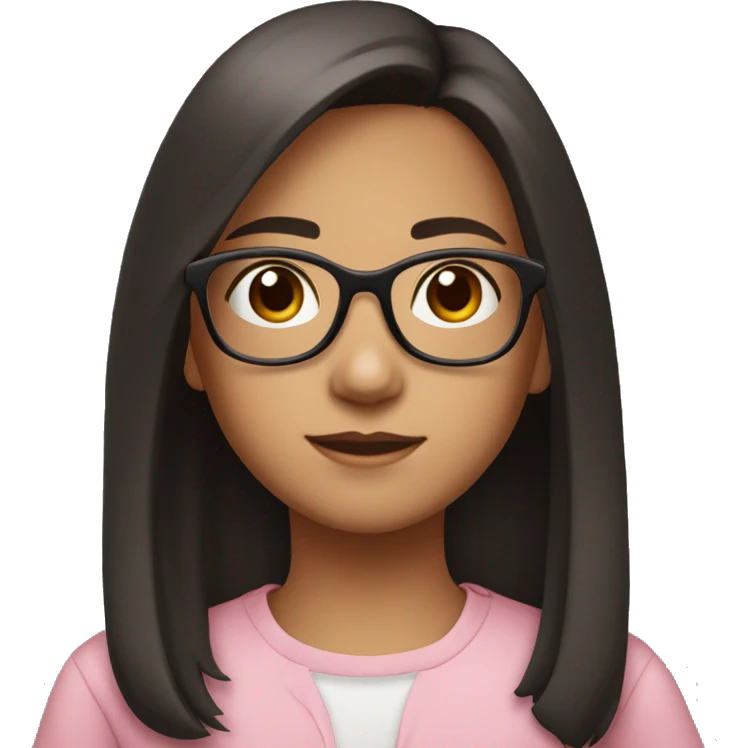 A young girl, around 10-12 years old, with shoulder-length dark hair and wearing light pink-framed glasses. She has a calm and neutral expression emoji