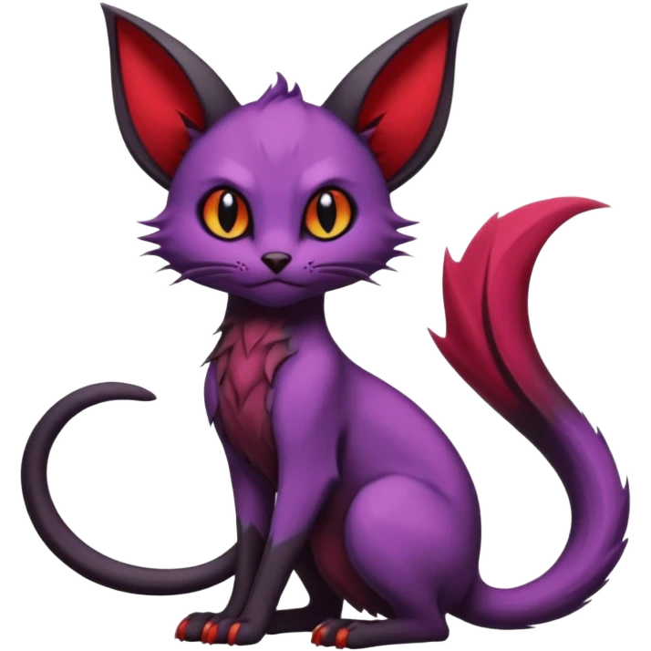 Dark gloomy gothic Black violet red edgy cute Noivern-Noibat-Purloin-Torracat-Lykoi-Caracal-cat-Fakemon-fusion-hybrid-creature with an imp tail  emoji