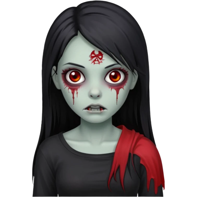 Garota zumbi com cabelo todo preto liso longo e mechas vermelhas na lateral da cabeça dos dois lados, usando uma blusa com um lado da manga caida preta  emoji